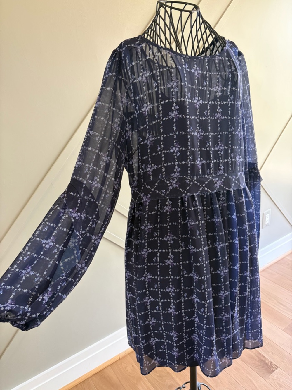 Erin Fetherston Sheer Navy Floral Long-Sleeve Mini Dress
